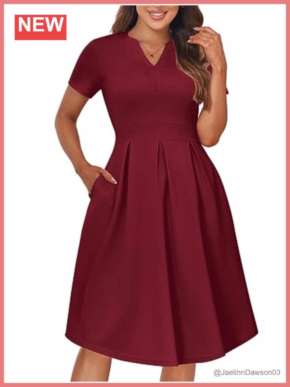 Womens Elegant Notched V Neck A-Line Knee-Length Casual Dress with Pockets